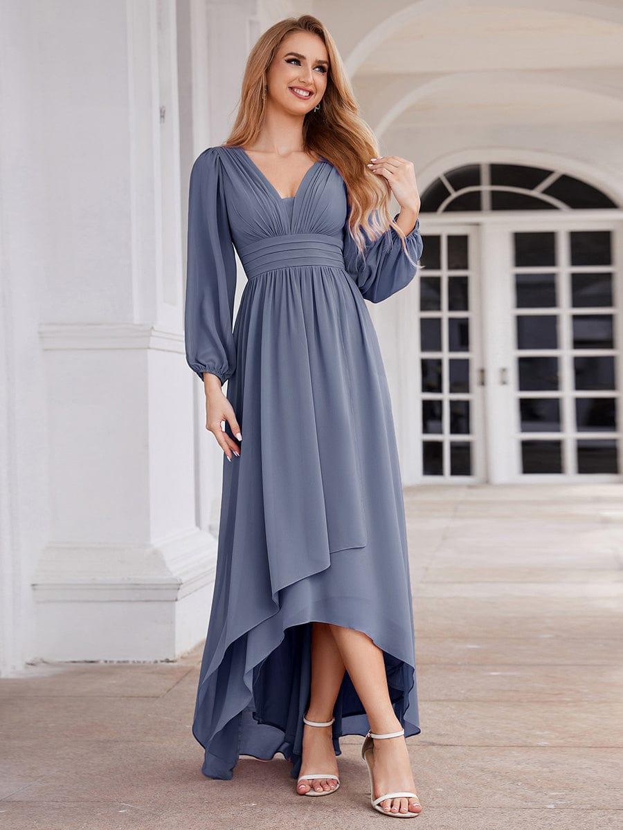 Romantic V-Neck Dusty Blue Dress with Lantern Sleeves and Pleated Waist