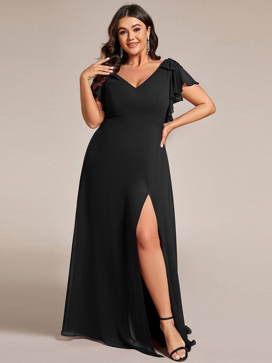 Plus Size Double V-Neck High Split Bridesmaid Dress with Ribbon Bow #color_Black