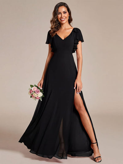 ever ROSY|Double V-Neck High Split Bridesmaid Dress with Ribbon Bow