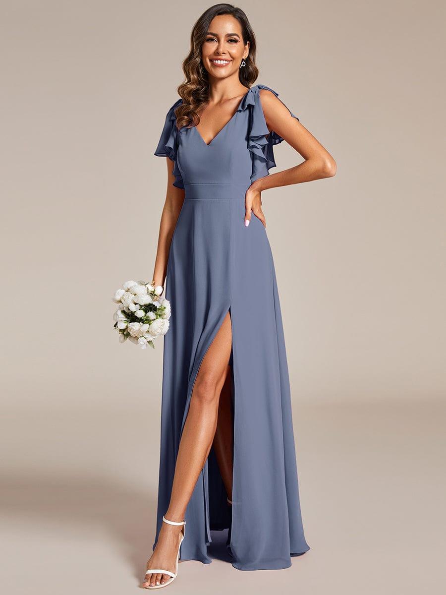 Double V-Neck High Split Bridesmaid Dress with Ribbon Bow in Dusty Blue #color_Dusty Blue