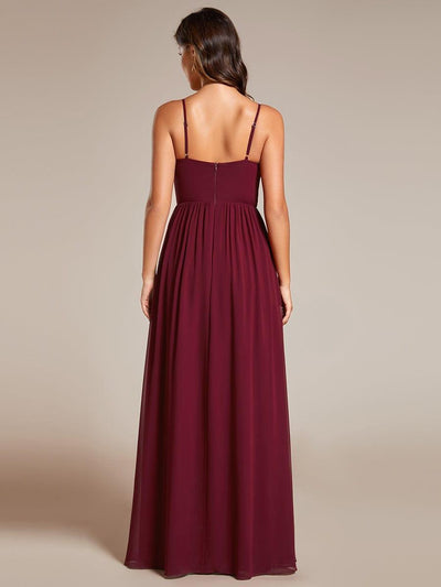 Maxi V-Neck Lotus Leaf Chiffon Bridesmaid Dress with Pleating #color_Burgundy