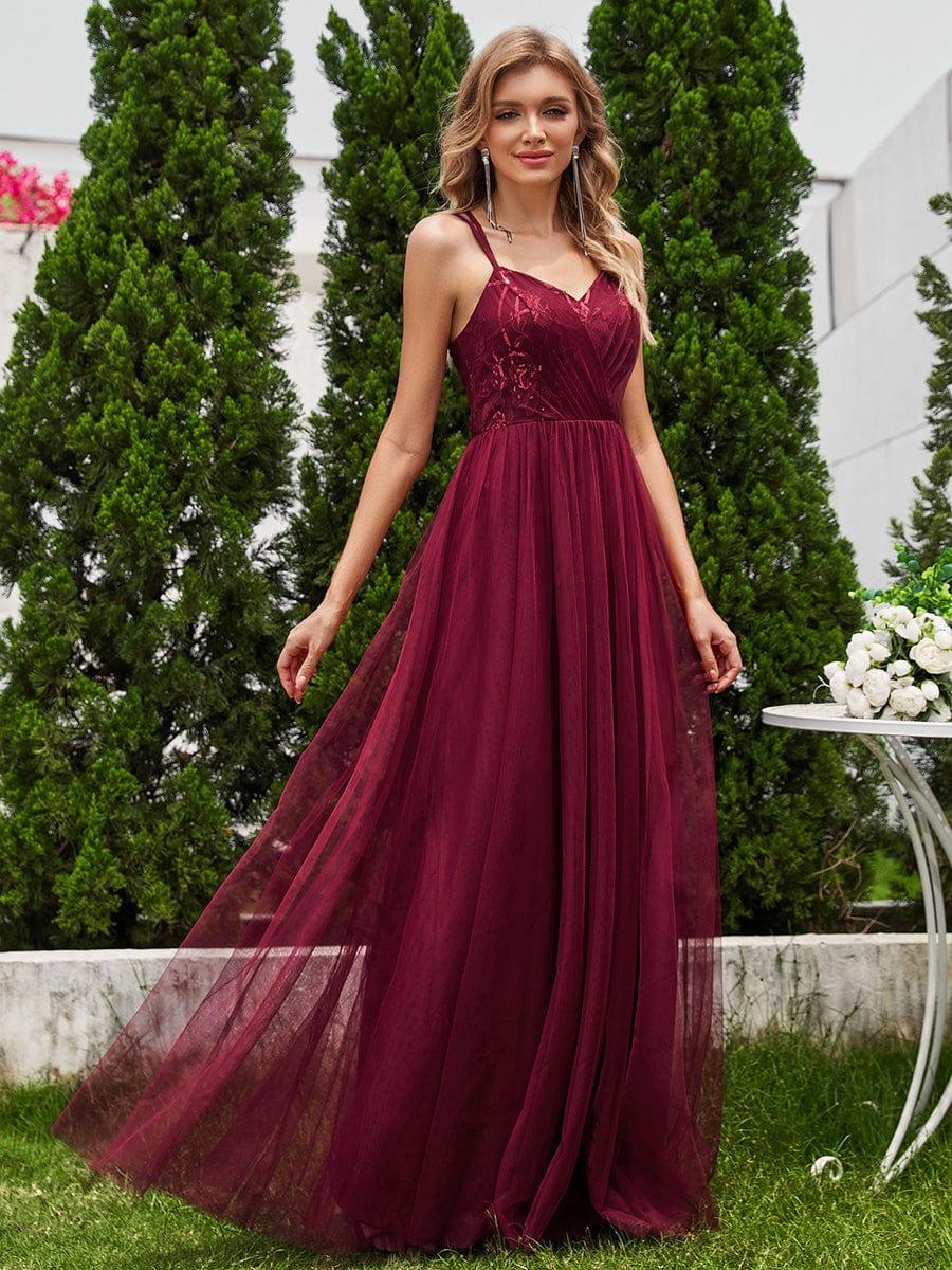 Sleeveless Paillette Tulle Bridesmaid Dress with Cross-Back Straps #color_Burgundy