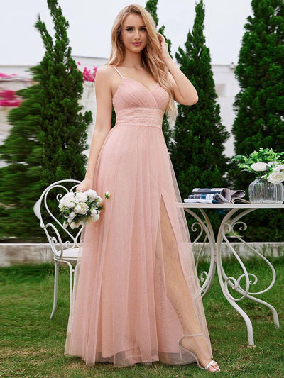High Slit and Lace Pearl Waist Sleeveless Bridesmaid Dress with Pleated #color_Pink