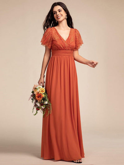 Lace Pleated Chiffon A-line Bridesmaid Dress with Backless Detail #color_Burnt Orange