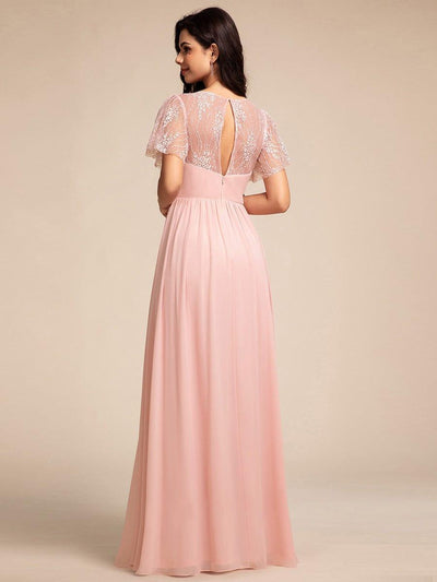 Lace Pleated Chiffon A-line Dress with Backless Detail In Pink #color_Pink