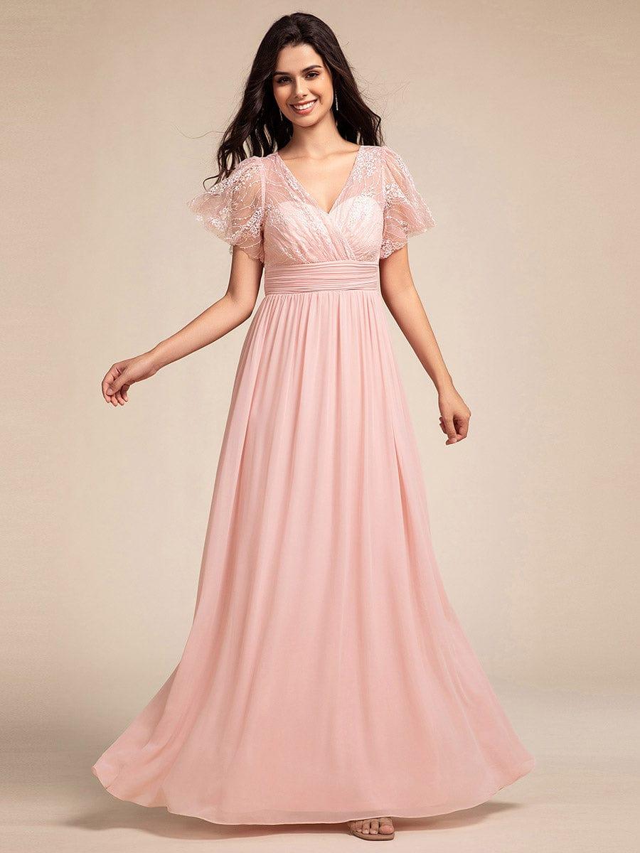 Lace Pleated Chiffon A-line Dress with Backless Detail In Pink #color_Pink