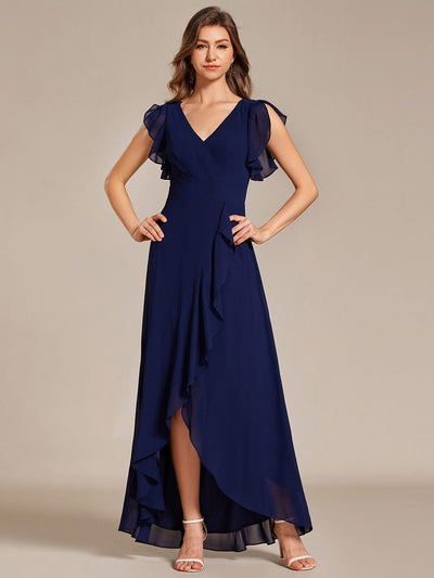 Elegant Ruffled Chiffon High-Low Bridesmaid Dress with Backless Design #color_Navy Blue