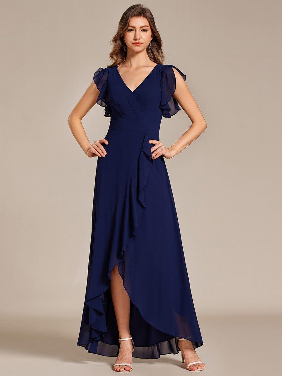 Chiffon High-Low Bridesmaid Dress with Ruffled Sleeve and Backless