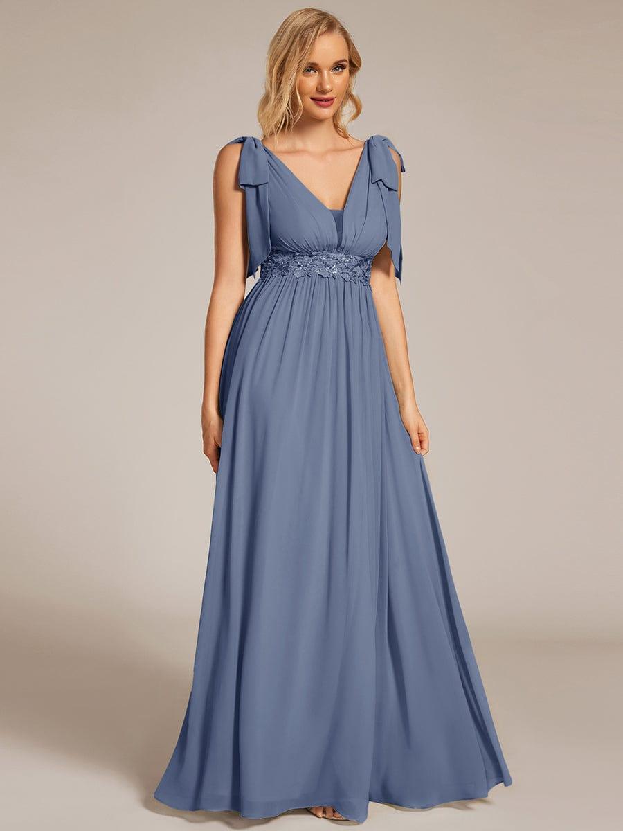 V-neck Empire Waist Chiffon Maxi Bridesmaid Dress with Bow Straps & Side Slit #color_Dusty Blue