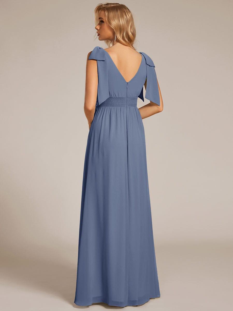 V-neck Empire Waist Chiffon Maxi Bridesmaid Dress with Bow Straps & Side Slit #color_Dusty Blue