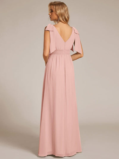 V-neck Empire Waist Chiffon Maxi Bridesmaid Dress with Bow Straps & Side Slit #color_Pink