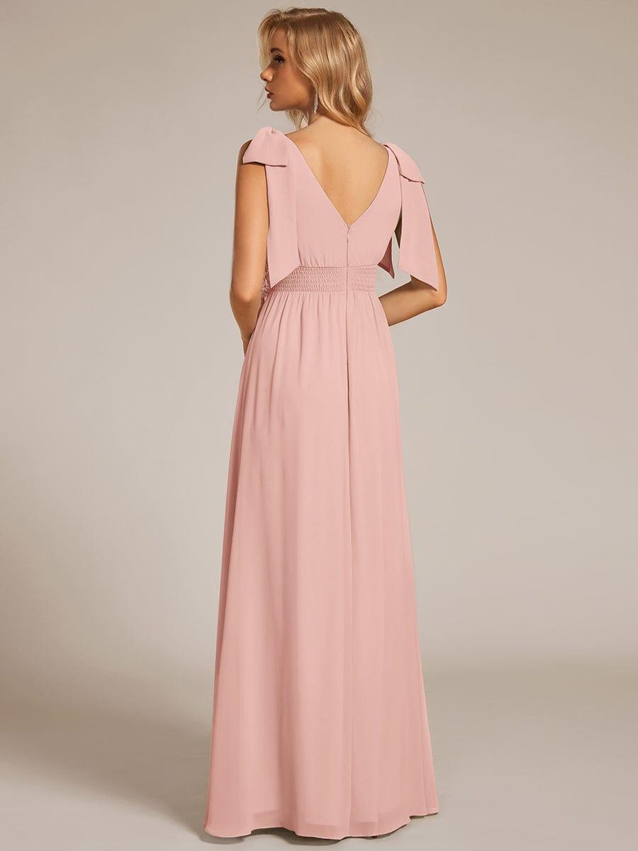 V-neck Empire Waist Chiffon Maxi Bridesmaid Dress with Bow Straps & Side Slit #color_Pink
