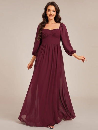 Sweetheart Neck Long Sleeve Pleated Chiffon Maxi Bridesmaid Dress #color_Burgundy