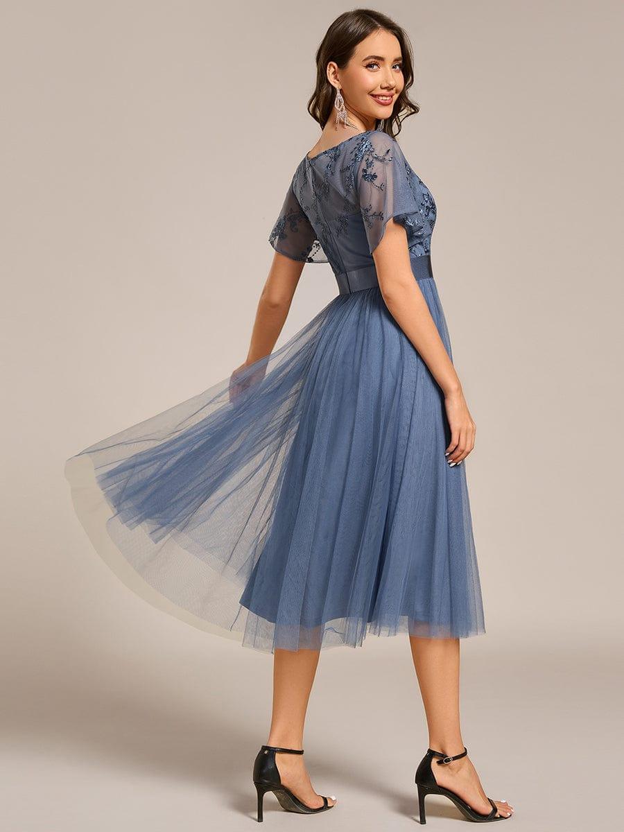 Round Neck Embellished Midi Tulle Wedding Guest Dress #color_Dusty Blue