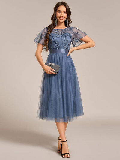 Round Neck Embellished Midi Tulle Bridesmaid Dress #color_Dusty Blue