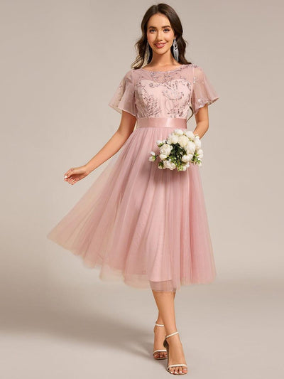 Round Neck Embellished Midi Tulle Bridesmaid Dress #color_Pink