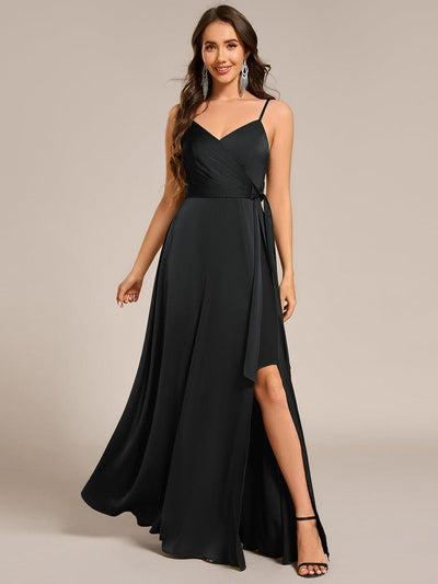 Wrap-Style Maxi Spaghetti Strap Satin Bridesmaid Dress #color_Black