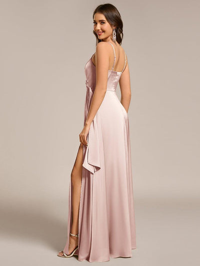Wrap-Style Maxi Spaghetti Strap Satin Evening Dress #color_Pink