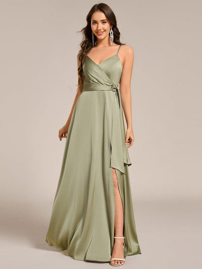 Wrap-Style Maxi Spaghetti Strap Satin Evening Dress #color_Sage Green