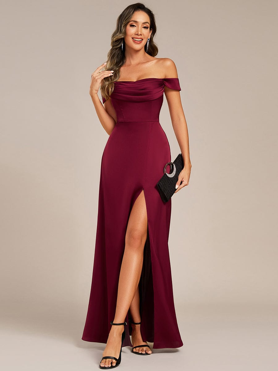 Off Shoulder Back-Tie Satin Bridesmaid Dress #color_Burgundy