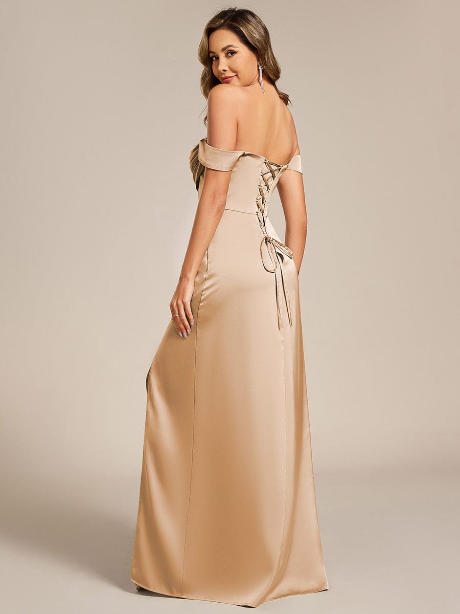 Off Shoulder Back-Tie Satin Bridesmaid Dress #color_Champagne