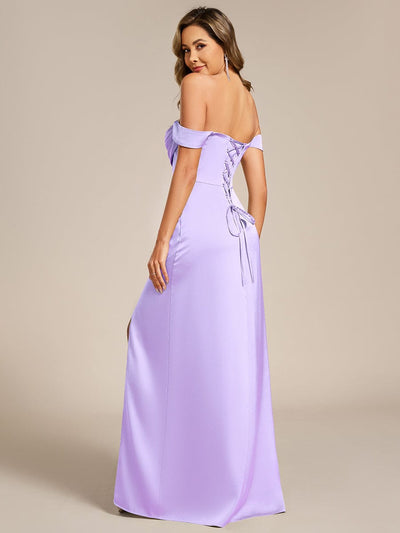 Off Shoulder Back-Tie Satin Bridesmaid Dress #color_Frosted Lilac