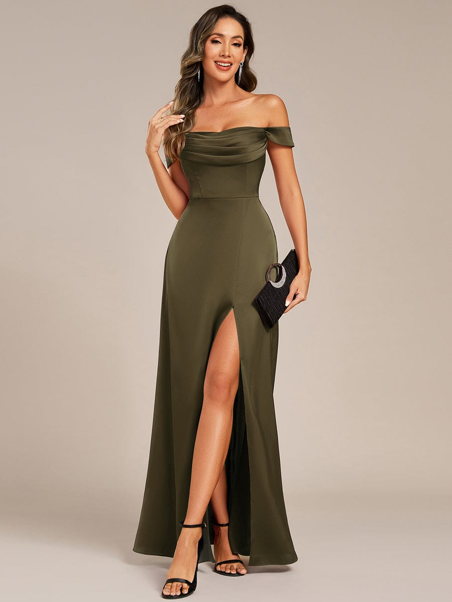 Off Shoulder Back-Tie Satin Bridesmaid Dress #color_Olive Green
