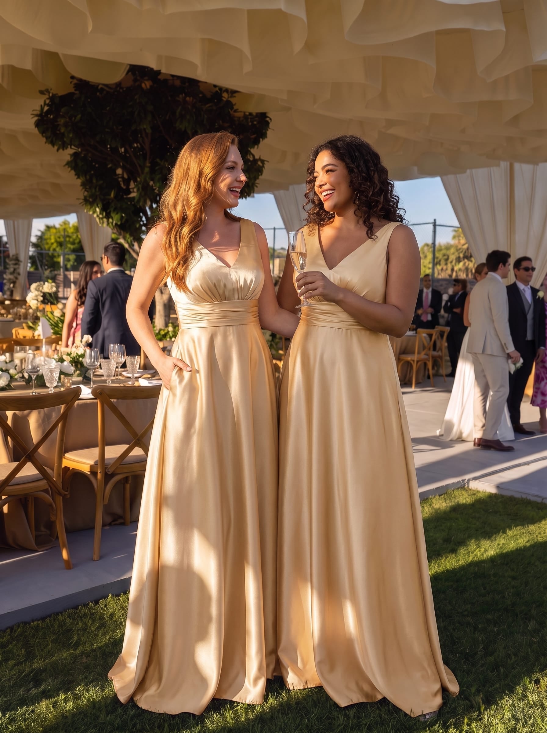 Sleeveless Empire Waist Satin Maxi Bridesmaid Dress With Pockets #color_Champagne
