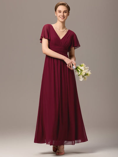 V-neck Lace-up Back Chiffon Maxi Bridesmaid Dress #color_Burgundy