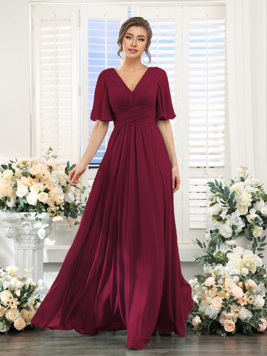 V-neck Lace-up Back Chiffon Maxi Bridesmaid Dress #color_Burgundy