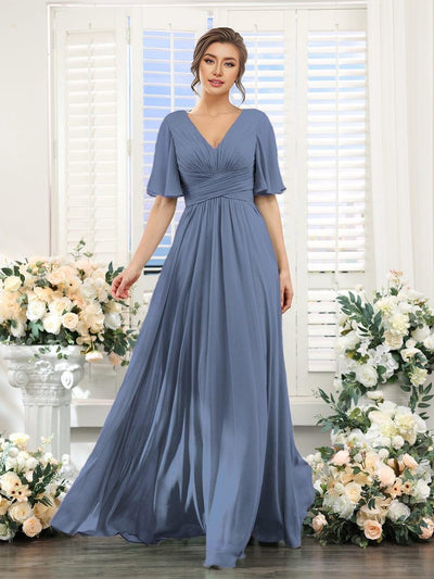 V-neck Lace-up Back Chiffon Maxi Bridesmaid Dress #color_Dusty Blue