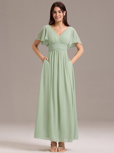 V-neck Lace-up Back Chiffon Maxi Bridesmaid Dress #color_Mint Green