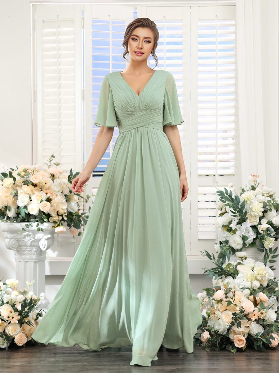 V-neck Lace-up Back Chiffon Maxi Bridesmaid Dress #color_Mint Green