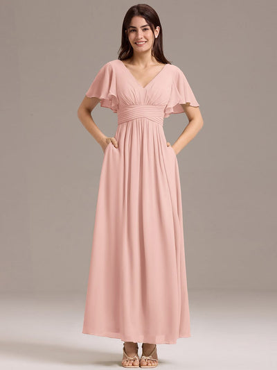 V-neck Lace-up Back Chiffon Maxi Bridesmaid Dress #color_Pink
