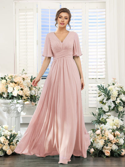 V-neck Lace-up Back Chiffon Maxi Bridesmaid Dress #color_Pink