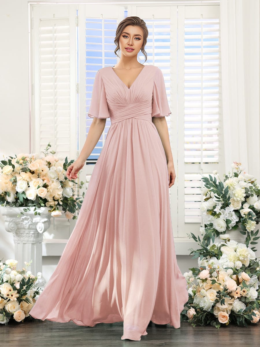 V-neck Lace-up Back Chiffon Maxi Bridesmaid Dress #color_Pink