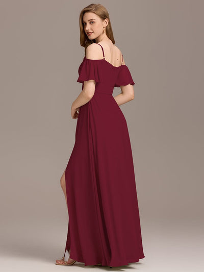 Off-Shoulder Ruched High Split Bridesmaid Dress #color_Burgundy