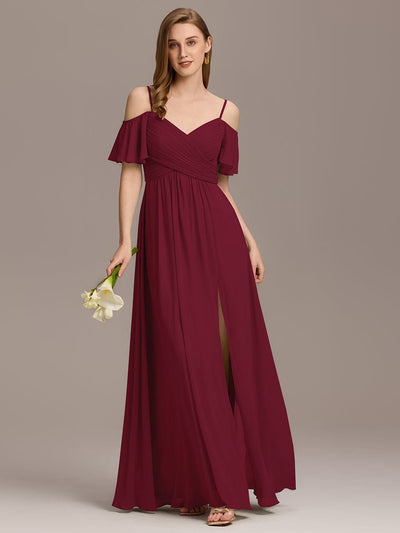 Off-Shoulder Ruched High Split Bridesmaid Dress #color_Burgundy