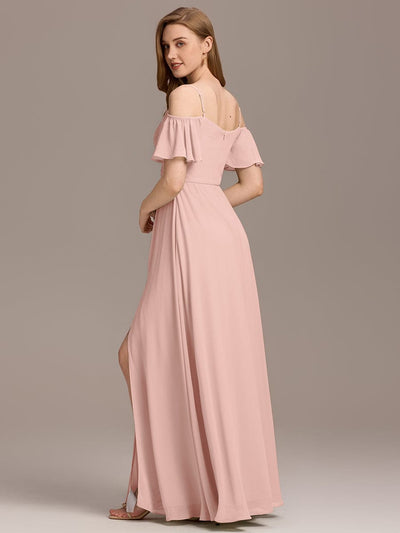 Off-Shoulder Ruched High Split Bridesmaid Dress #color_Pink