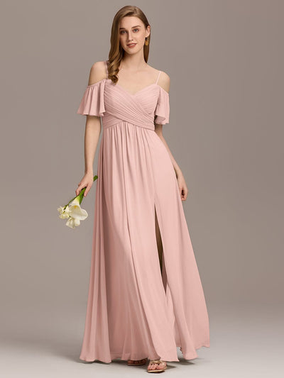 Off-Shoulder Ruched High Split Bridesmaid Dress #color_Pink