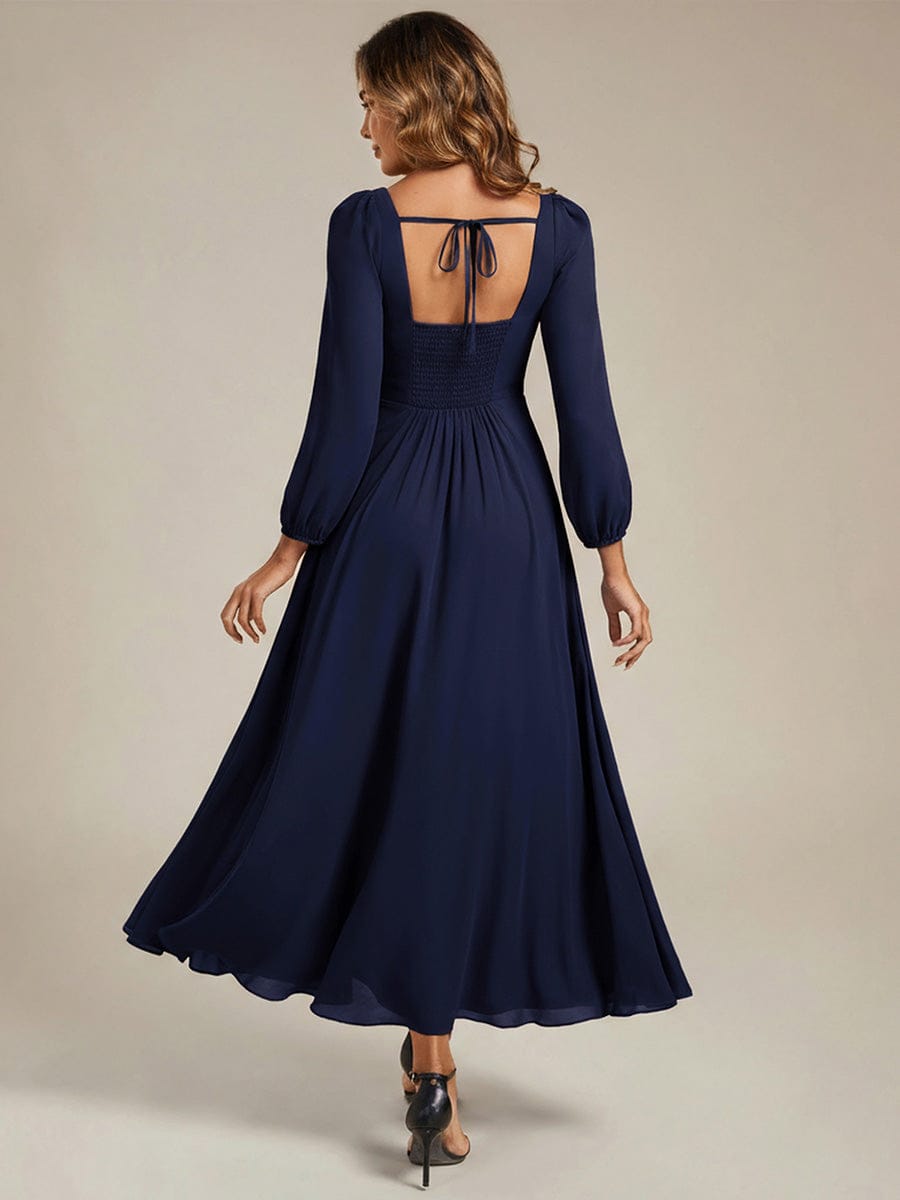 See-through Chiffon Lantern Sleeve Bridesmaid Dress #color_Navy Blue