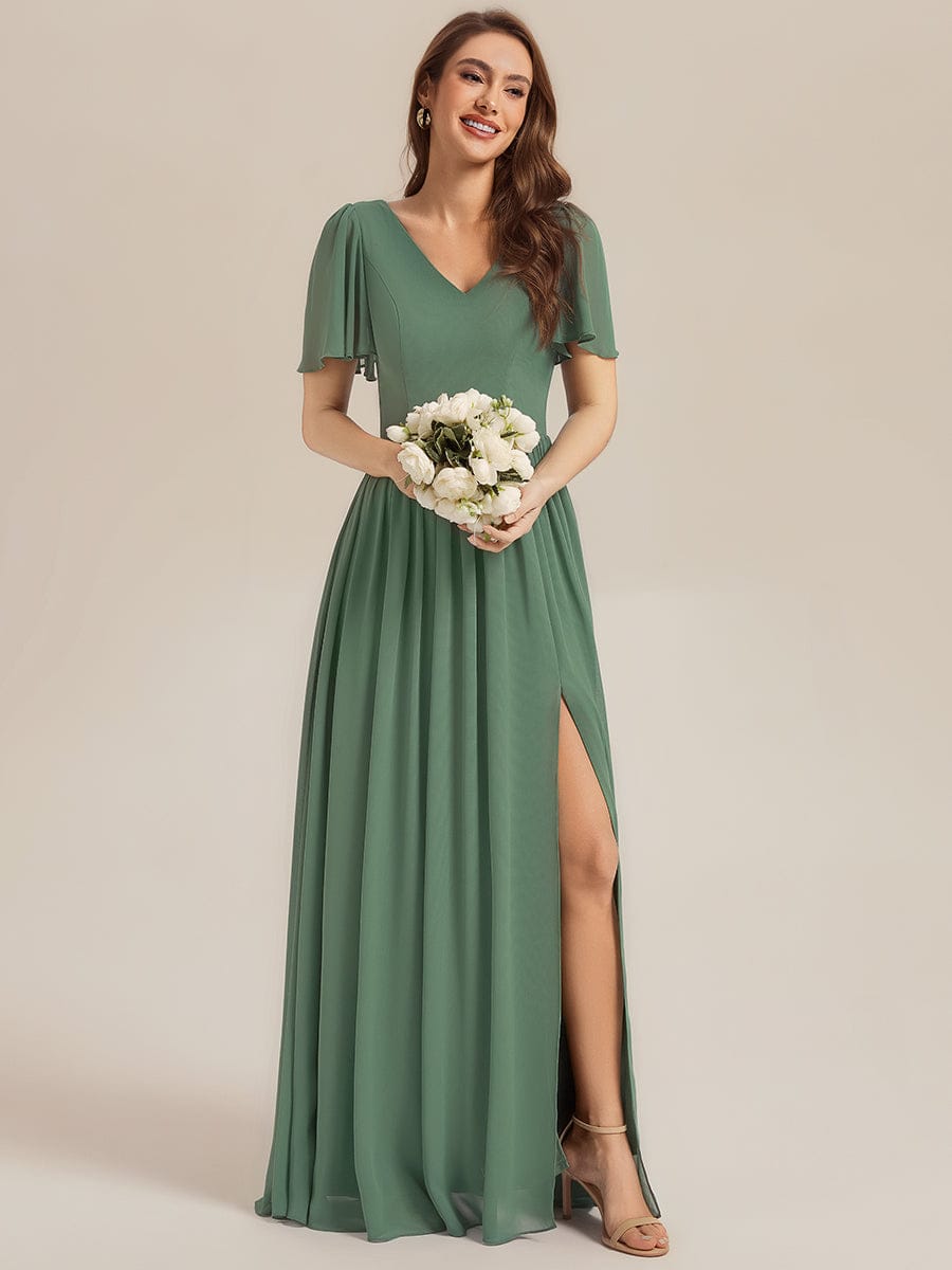 Tie-Front Chiffon Ruffle Sleeve Bridesmaid Dress #color_Eucalyptus Green
