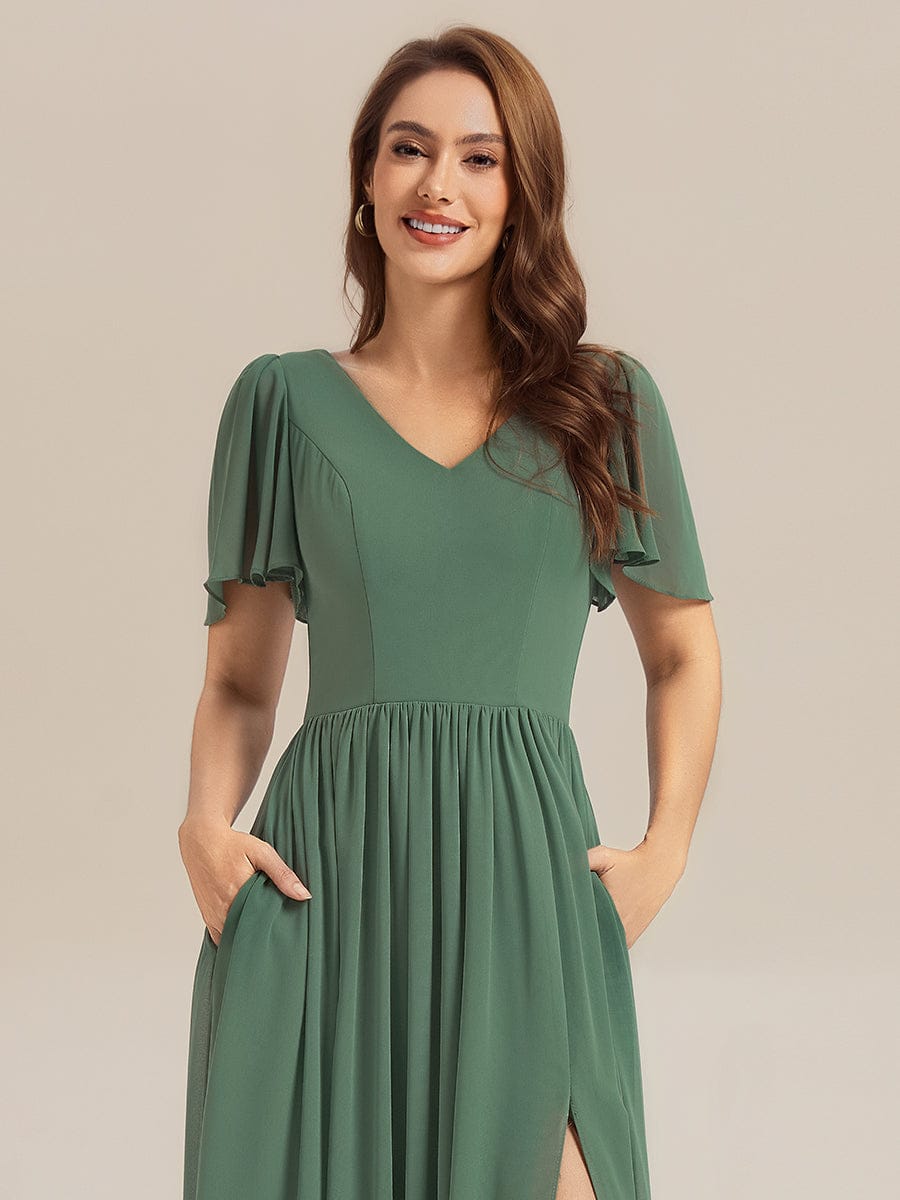 Tie-Front Chiffon Ruffle Sleeve Bridesmaid Dress #color_Eucalyptus Green