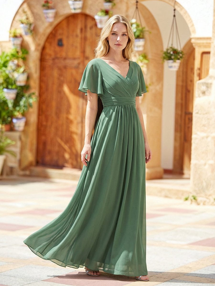 Applique Chiffon Ruffle Sleeve Dress #color_Eucalyptus Green