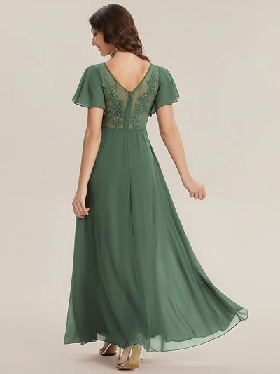 Applique Chiffon Ruffle Sleeve Dress #color_Eucalyptus Green