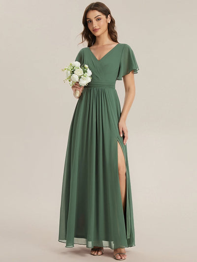 Applique Chiffon Ruffle Sleeve Dress #color_Eucalyptus Green