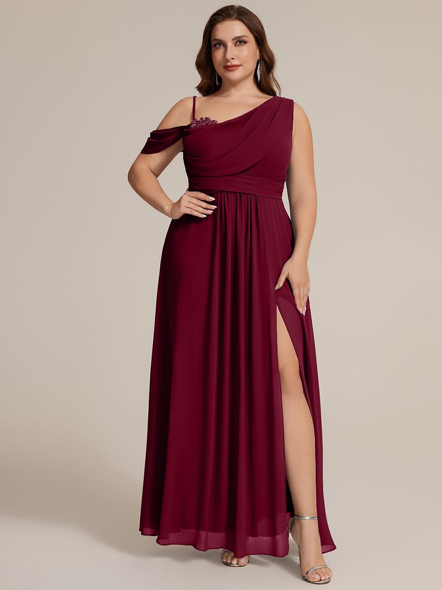 Thigh-High Slit Chiffon Sleeveless Dress #color_Burgundy