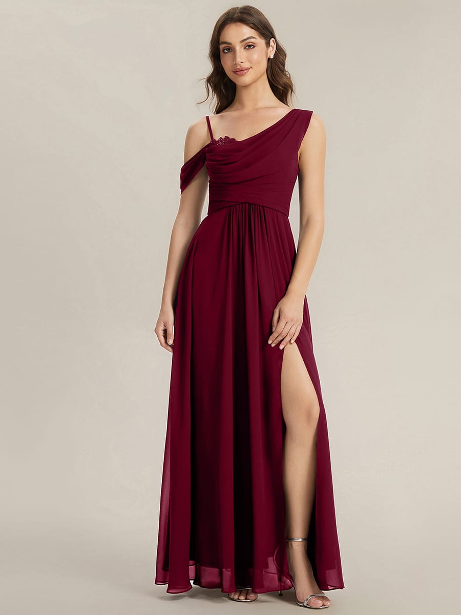 Thigh-High Slit Chiffon Sleeveless Dress #color_Burgundy