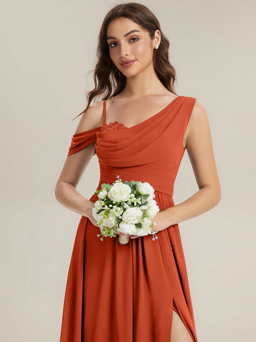Thigh-High Slit Chiffon Sleeveless Dress #color_Burnt Orange