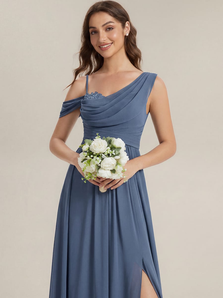 Thigh-High Slit Chiffon Sleeveless Dress #color_Dusty Blue